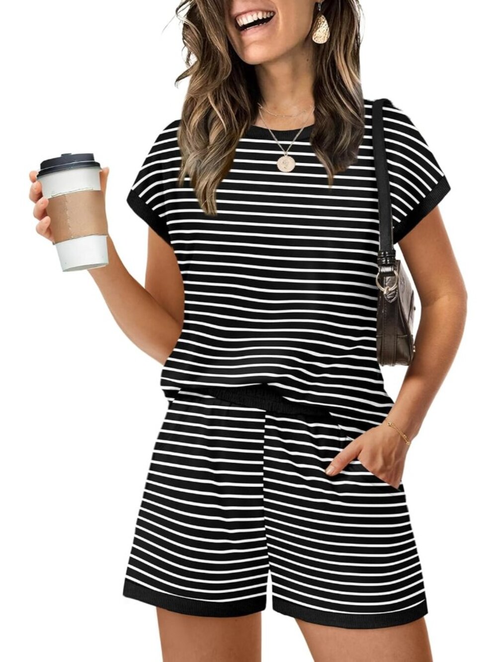 〽️Women's Outfit Black White Stripe Cap Sleeve Shirts and Shorts Lounge Set